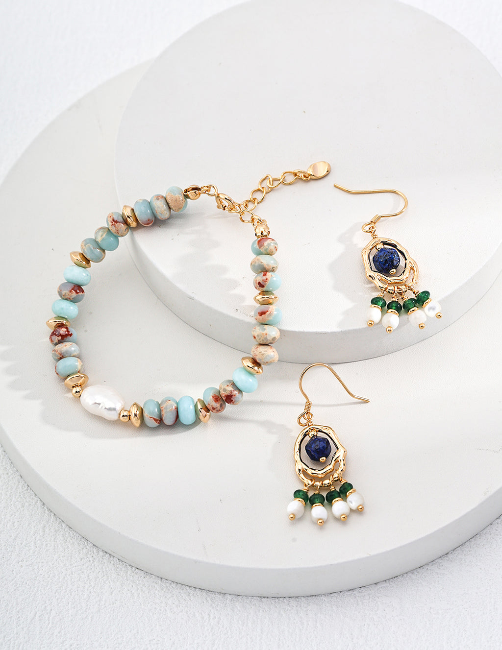 925 Sterling Silver Vintage Shell, Lapis Lazuli and Synthetic Emerald Earrings, product view 7