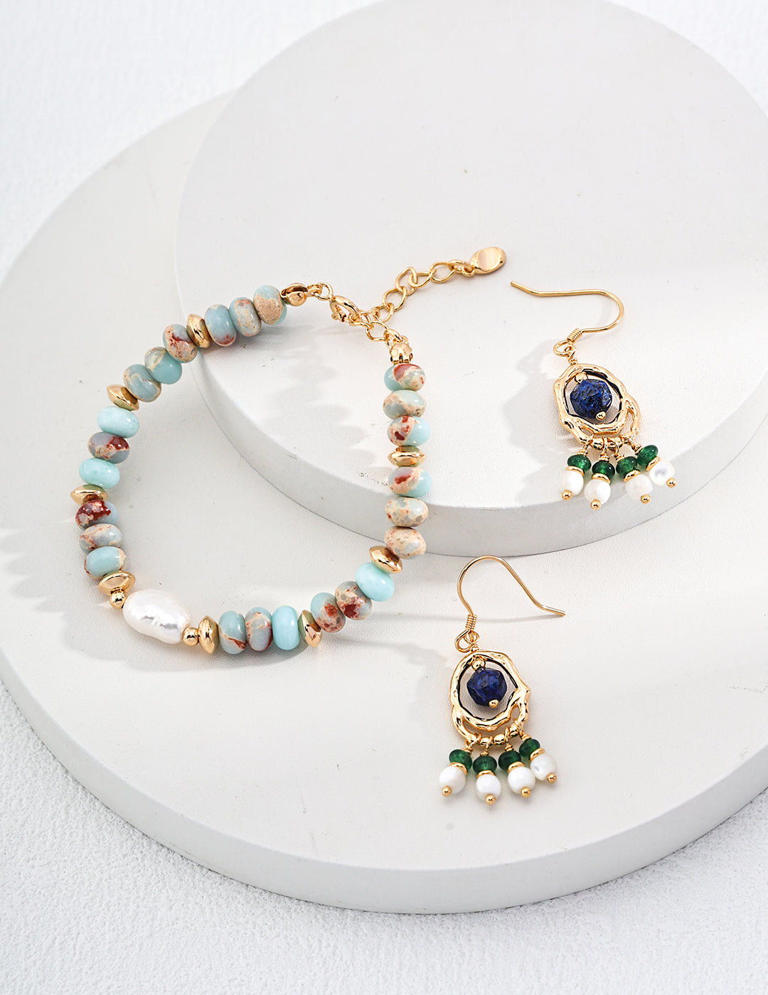 925 Sterling Silver Vintage Shell, Lapis Lazuli and Synthetic Emerald Earrings, product view 7