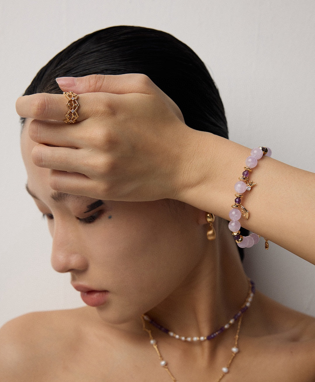 925 Sterling Silver Amethyst and Cubic Zirconia Bracelet in vintage gold and purple amethyst, product view 13