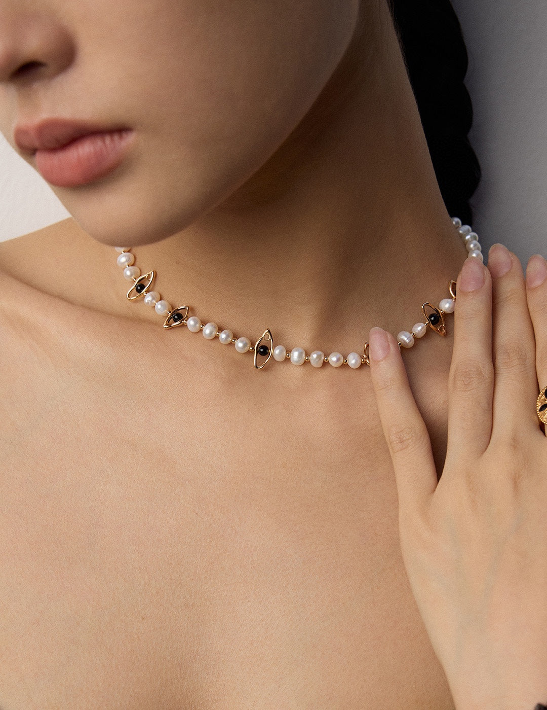 925 Sterling Silver Star Black Agate and Natural Pearl Necklace, product view 12