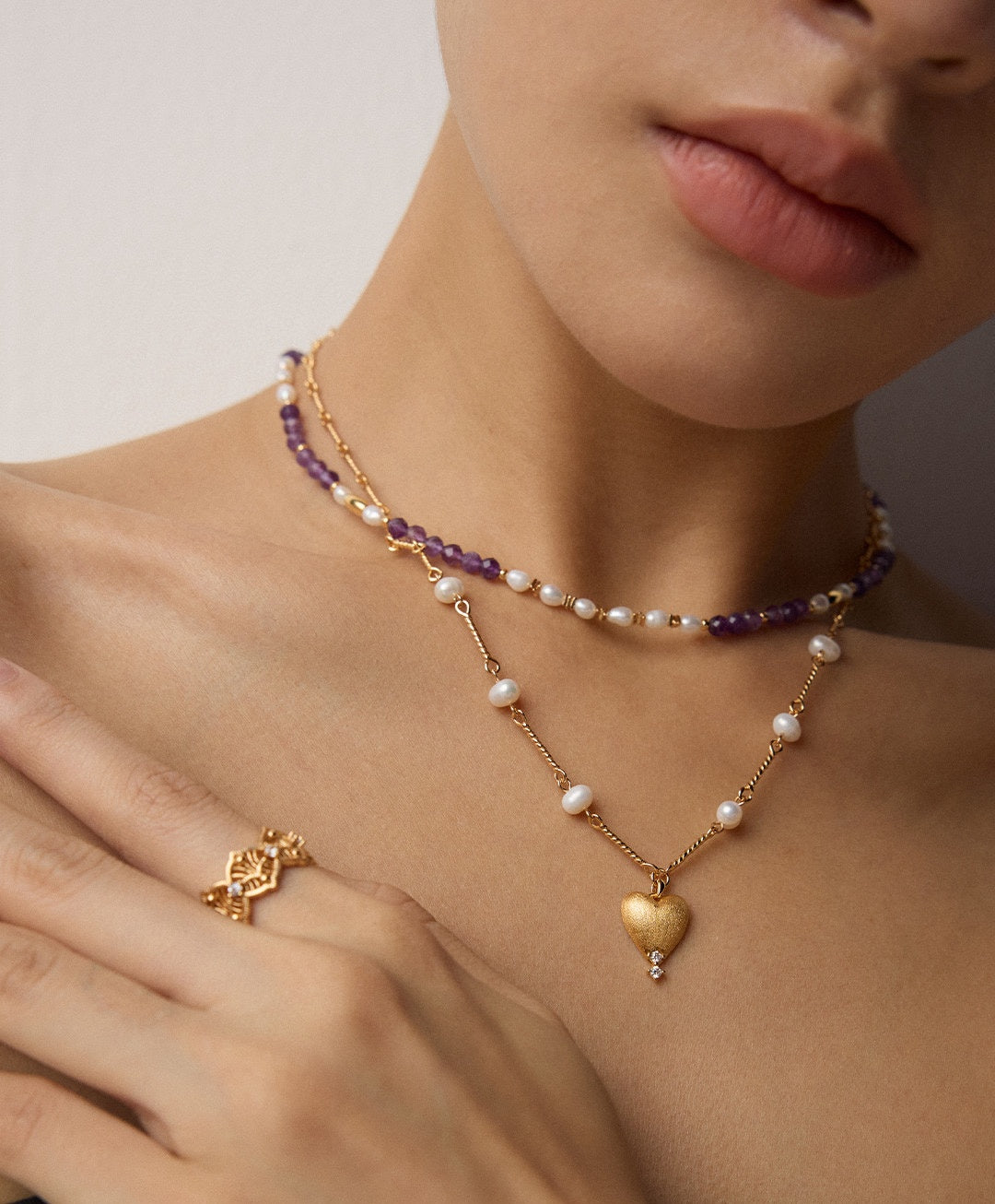 925 Sterling Silver Vintage Natural Pearl and Amethyst Necklace, product view 14