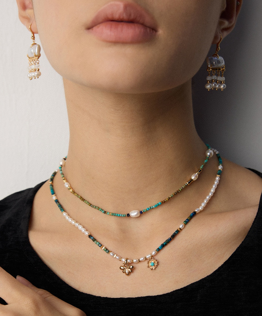 925 Sterling Silver Vintage Pearl, Lapis Lazuli and Turquoise Necklace, product view 13