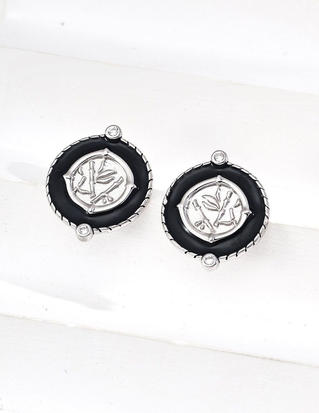 925 Sterling Silver Black Enamel and Cubic Zirconia Vintage-Inspired Earrings