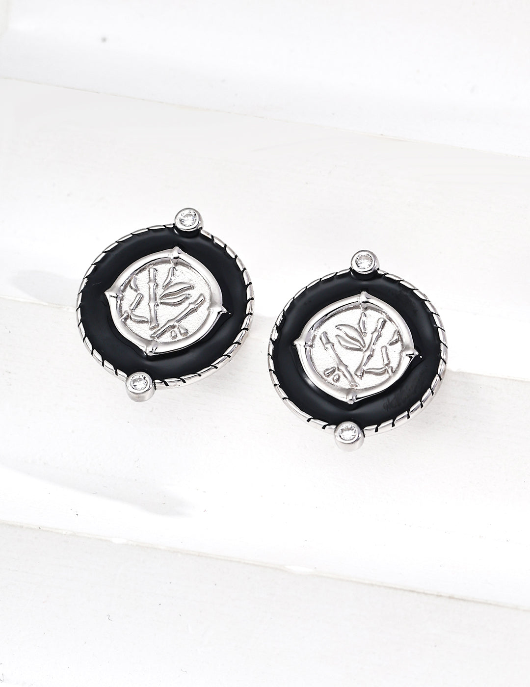 925 Sterling Silver Black Enamel and Cubic Zirconia Vintage-Inspired Earrings
