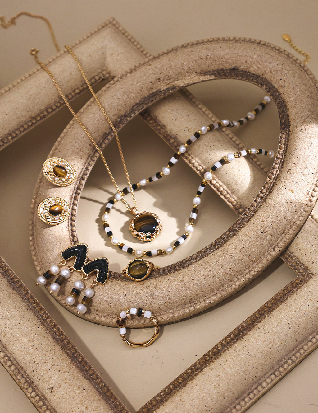 925 Sterling Silver Pearl, Mother of Pearl and Tiger’s Eye Necklace