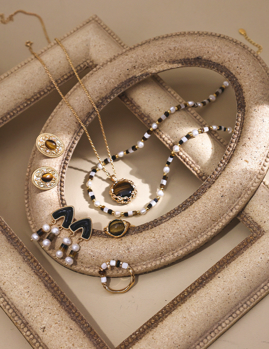 925 Sterling Silver Pearl, Mother of Pearl and Tiger’s Eye Necklace