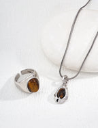 925 Sterling Silver Malachite Tiger’s Eye Pendant Necklace in tiger’s eye and malachite in silver and vintage gold, product view 9