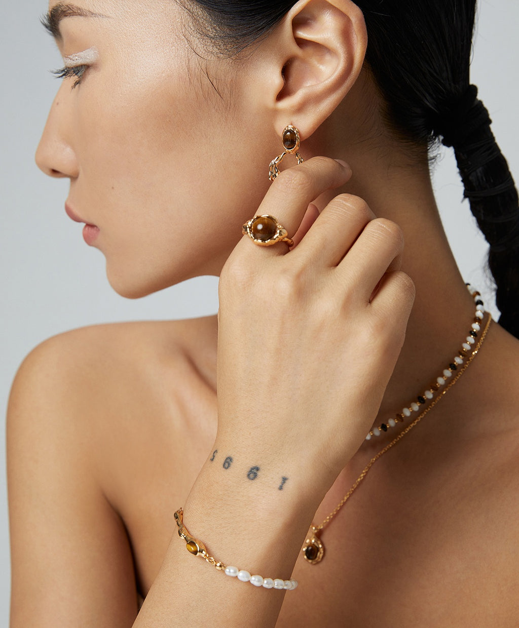 925 Sterling Silver Tiger’s Eye and Pearl Adjustable Bracelet