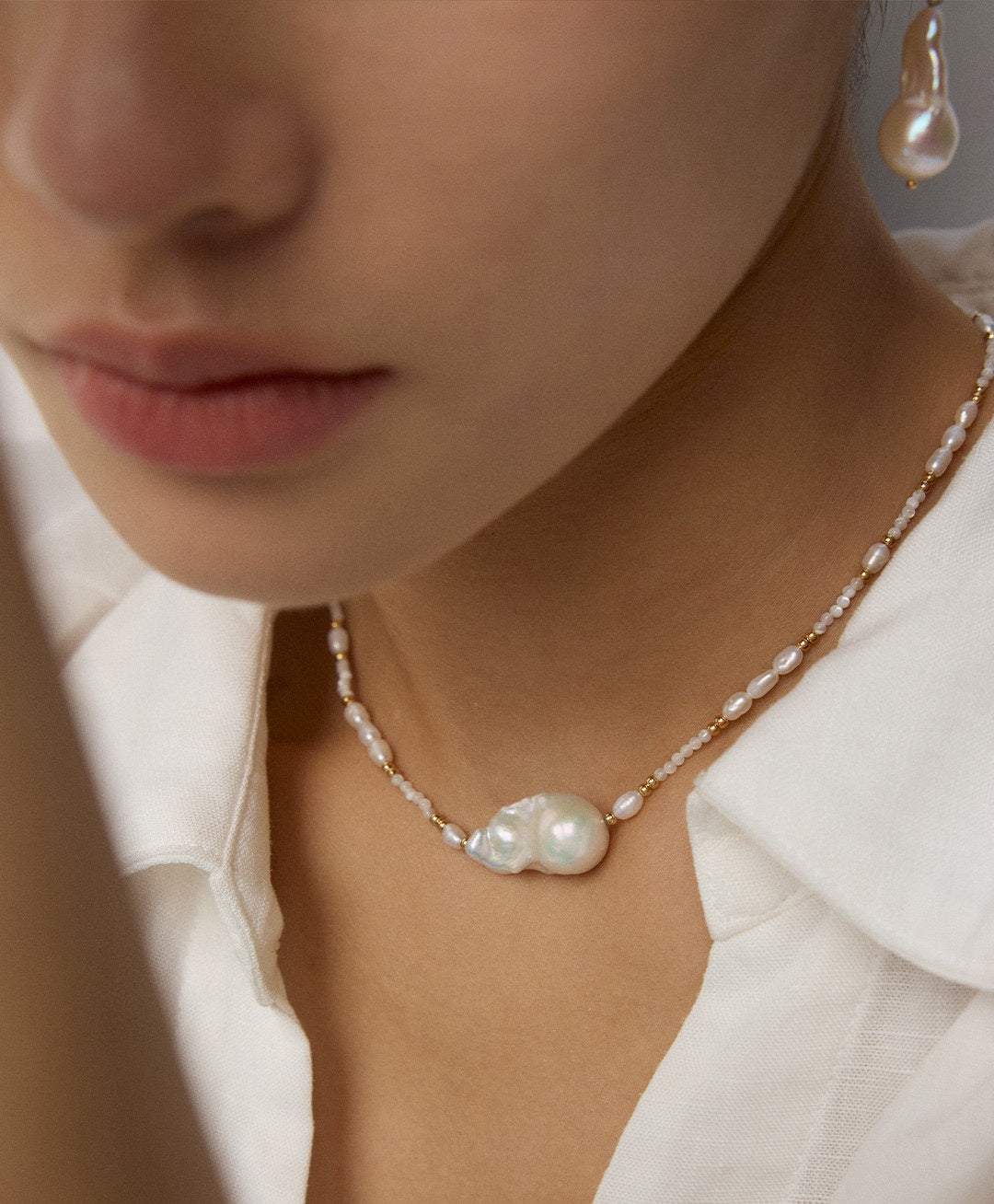 925 Sterling Silver Natural Pearl and Mother of Pearl Necklace, product view 2