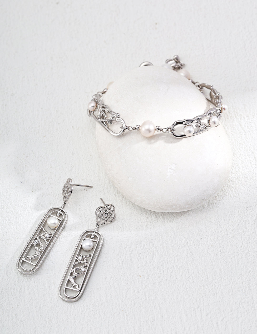 925 Sterling Silver Pearl Window Lattice Drop Earrings in silver and vintage gold natural pearl, product view 11
