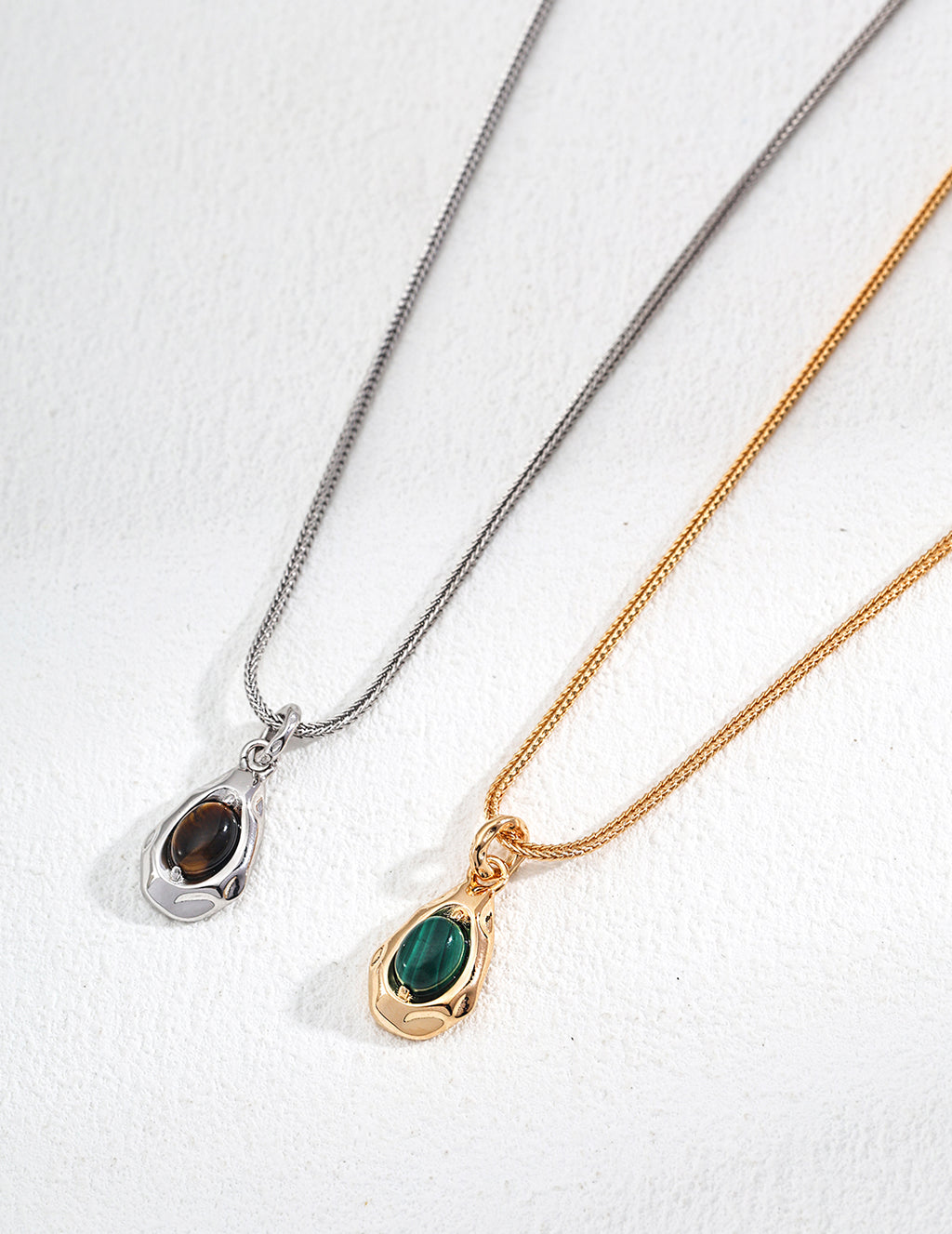 925 Sterling Silver Malachite Tiger’s Eye Pendant Necklace in tiger’s eye and malachite in silver and vintage gold, product view 3