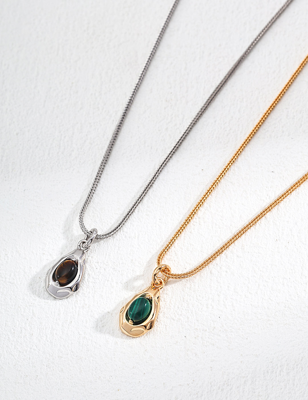 925 Sterling Silver Malachite Tiger’s Eye Pendant Necklace in tiger’s eye and malachite in silver and vintage gold, product view 3