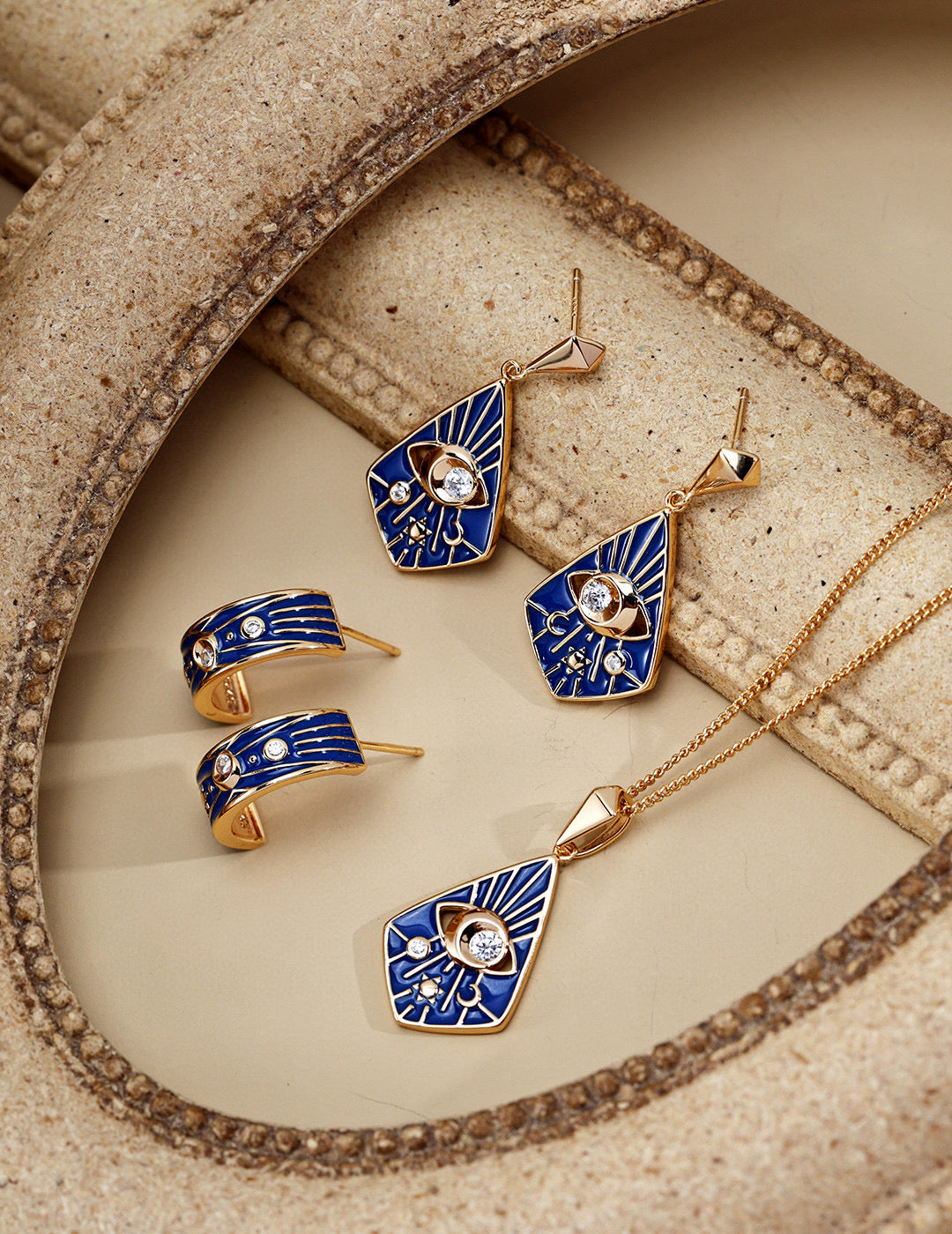 925 Sterling Silver Blue Enamel Cubic Zirconia Earrings in blue enamel and vintage gold, product view 13