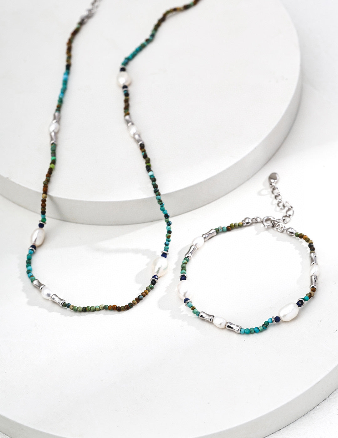 925 Sterling Silver Vintage Pearl, Lapis Lazuli and Turquoise Necklace, product view 12