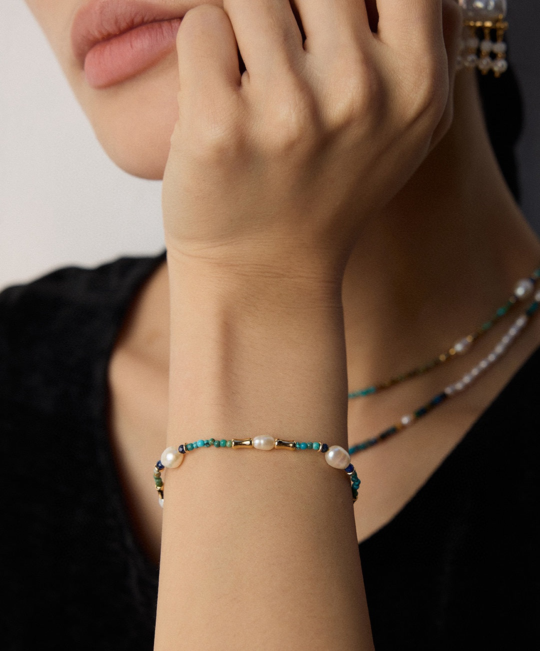 925 Sterling Silver Vintage Lapis Lazuli, Natural Pearl and Turquoise Bracelet, product view 12