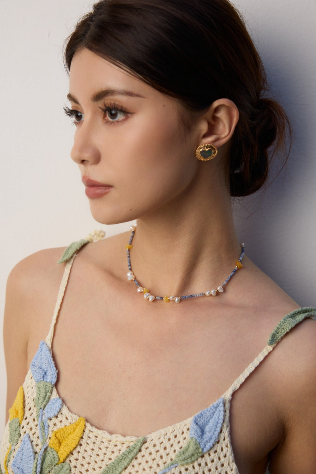 925 Sterling Silver Natural Pearl, Blue Dot Stone and Amber-Toned Bead Necklace, product view 8