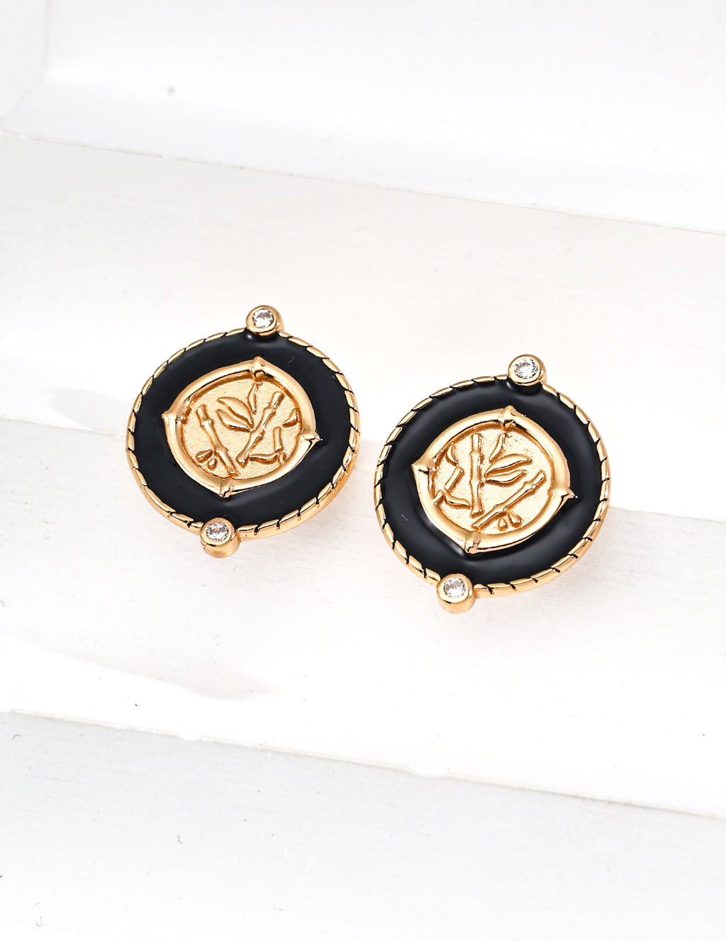 925 Sterling Silver Black Enamel and Cubic Zirconia Vintage-Inspired Earrings