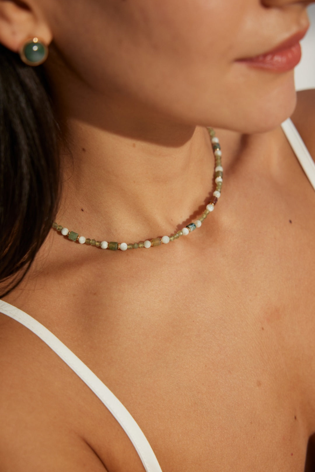 925 Sterling Silver Indian Agate, Green Larimar and Faceted Green Diopside Necklace, product view 8