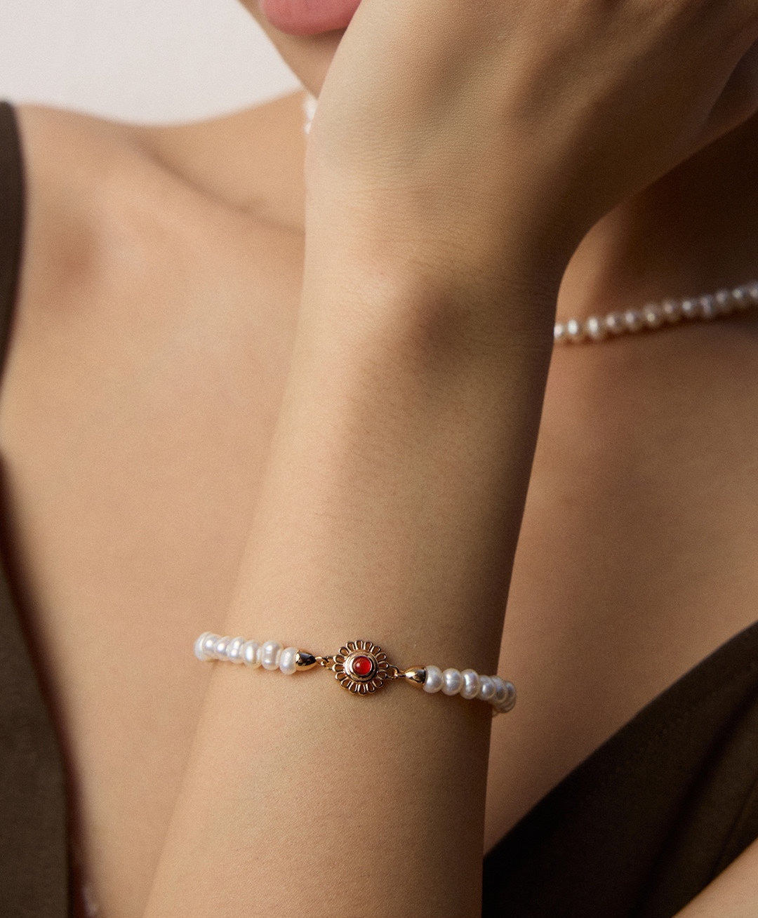 925 Sterling Silver Pearl and Agate Adjustable Bracelet