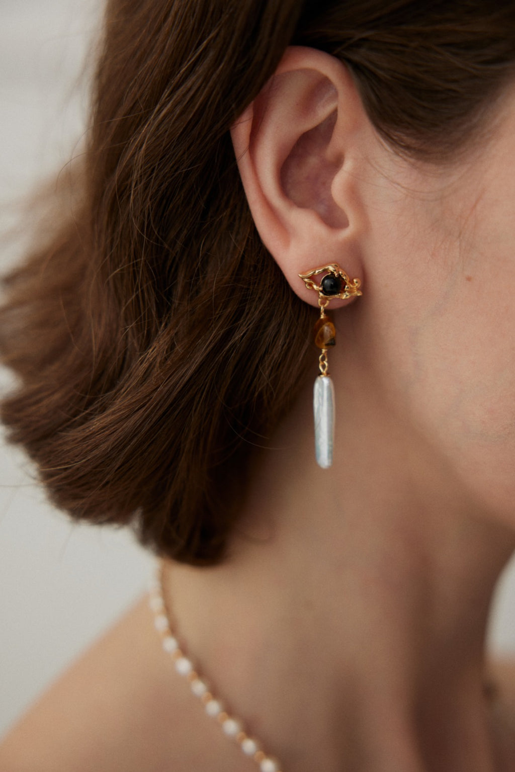 925 Sterling Silver Tiger’s Eye, Natural Pearl and Black Agate Earrings, product view 7