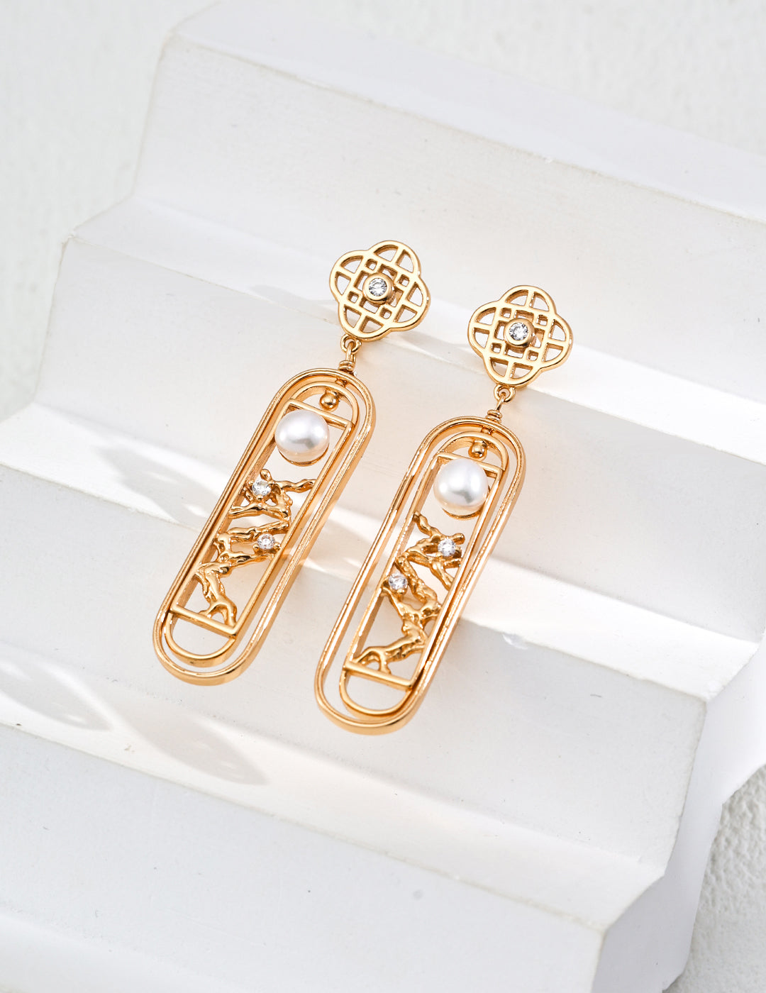 925 Sterling Silver Pearl Window Lattice Drop Earrings in silver and vintage gold natural pearl, product view 7