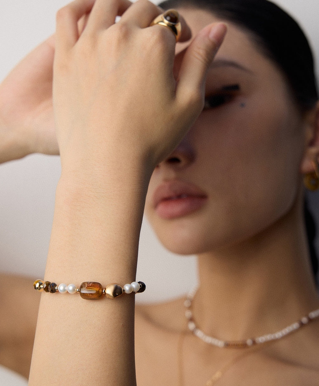 925 Sterling Silver Natural Pearl, Tiger’s Eye and Black Agate Bracelet, product view 14