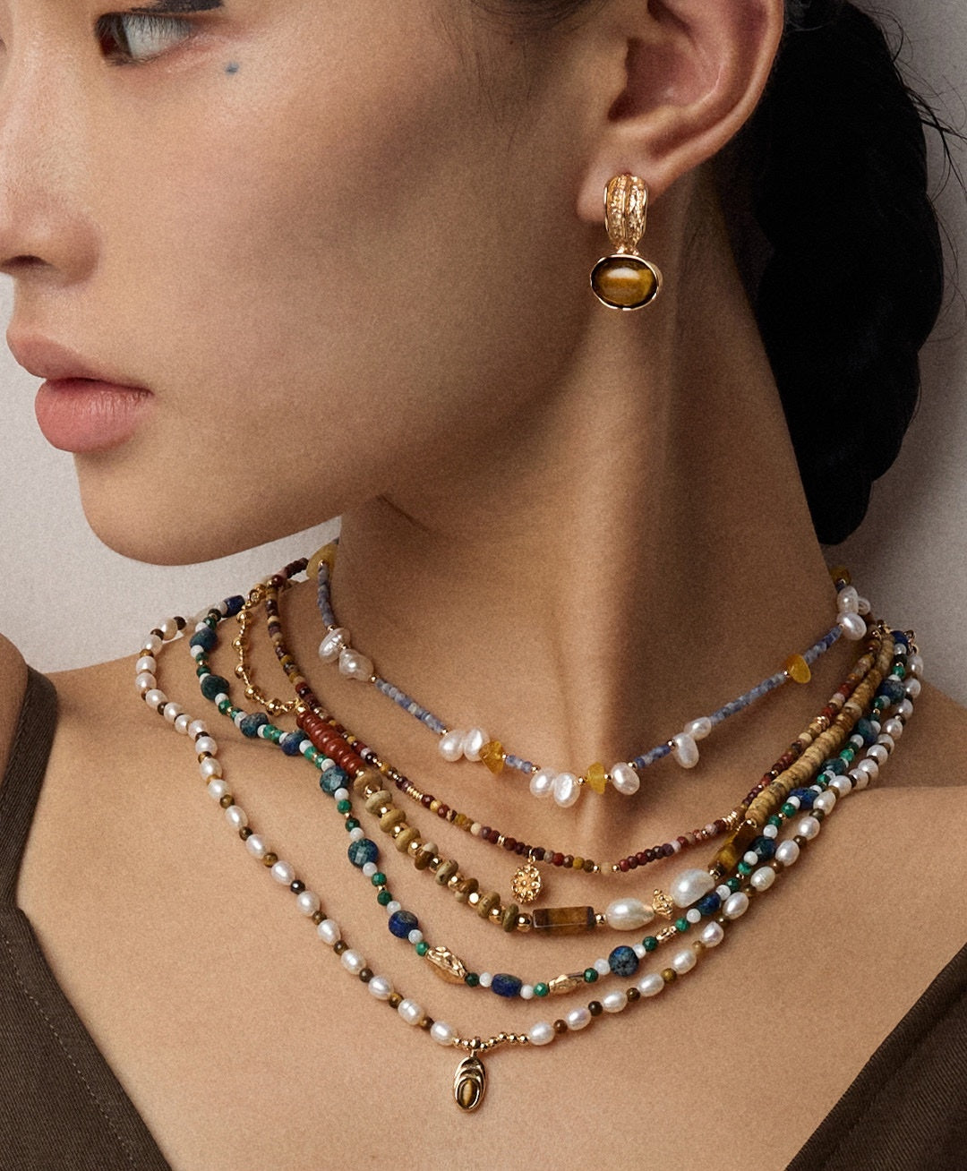 925 Sterling Silver Natural Pearl, Blue Dot Stone and Amber-Toned Bead Necklace, product view 4