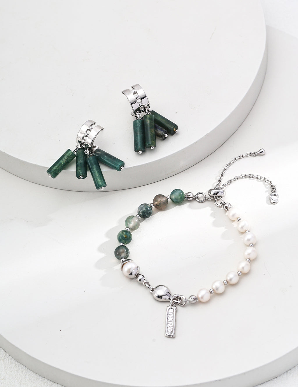 925 Sterling Silver Pearl Moss Agate Strawberry Quartz Bracelet, product view 7