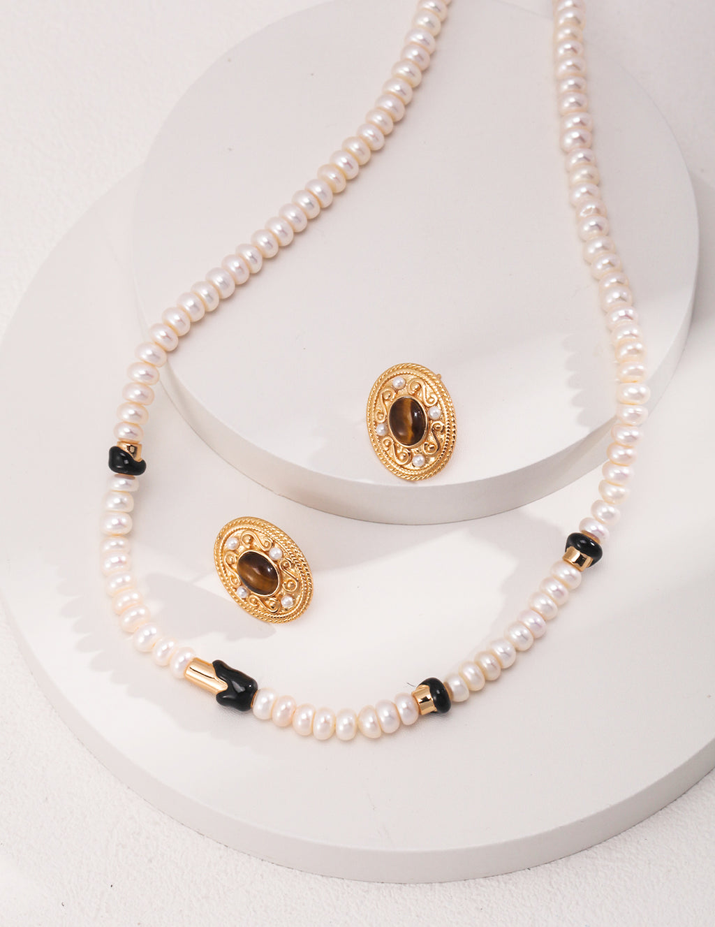 925 Sterling Silver Tiger’s Eye and Faux Pearl Earrings, product view 7