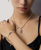 925 Sterling Silver Natural Pearl, Mother of Pearl and Black Agate Bracelet, product view 11