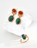 925 Sterling Silver Vintage Malachite and Red Agate Earrings, product view 7