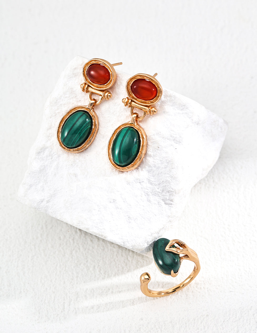 925 Sterling Silver Vintage Malachite and Red Agate Earrings, product view 7