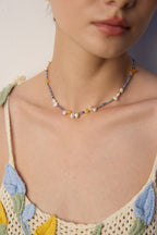 925 Sterling Silver Natural Pearl, Blue Dot Stone and Amber-Toned Bead Necklace, product view 6