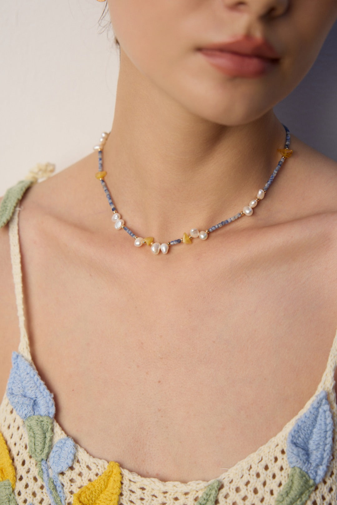 925 Sterling Silver Natural Pearl, Blue Dot Stone and Amber-Toned Bead Necklace, product view 6