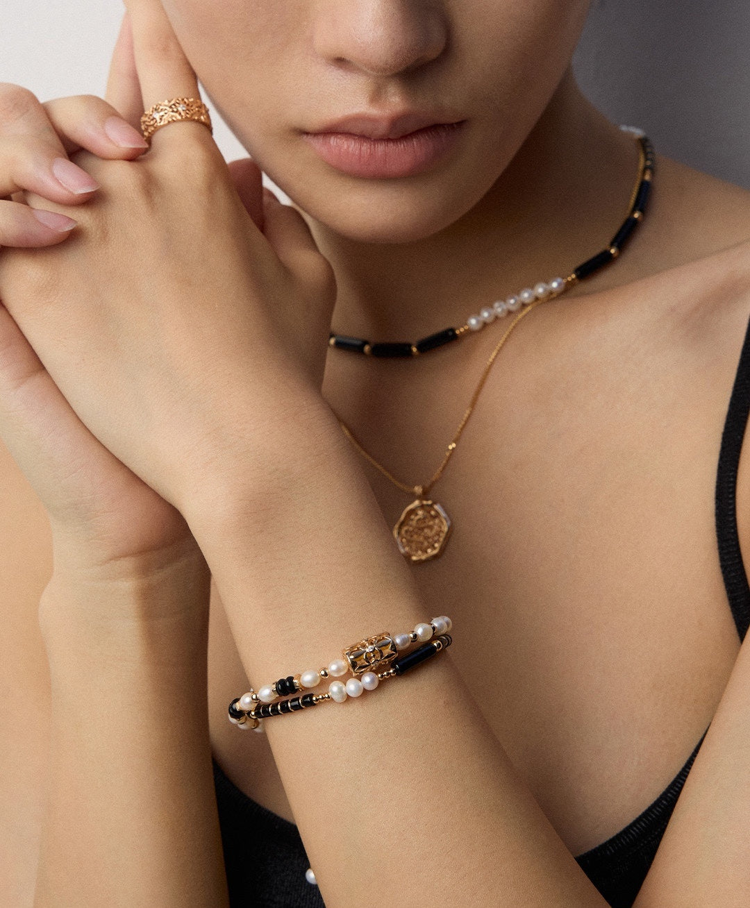 925 Sterling Silver Natural Pearl, Mother of Pearl and Black Agate Bracelet, product view 13