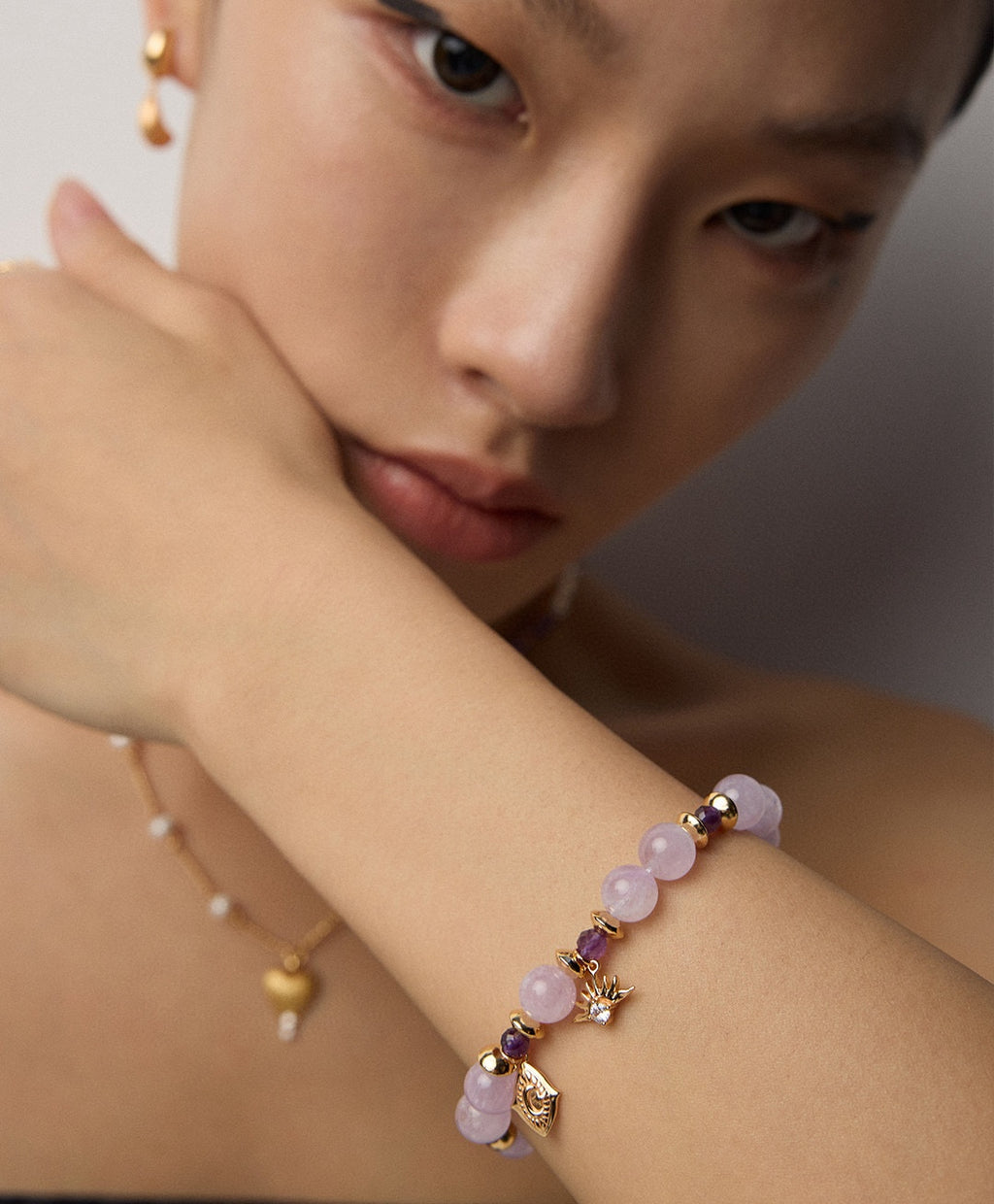 925 Sterling Silver Amethyst and Cubic Zirconia Bracelet in vintage gold and purple amethyst, product view 11