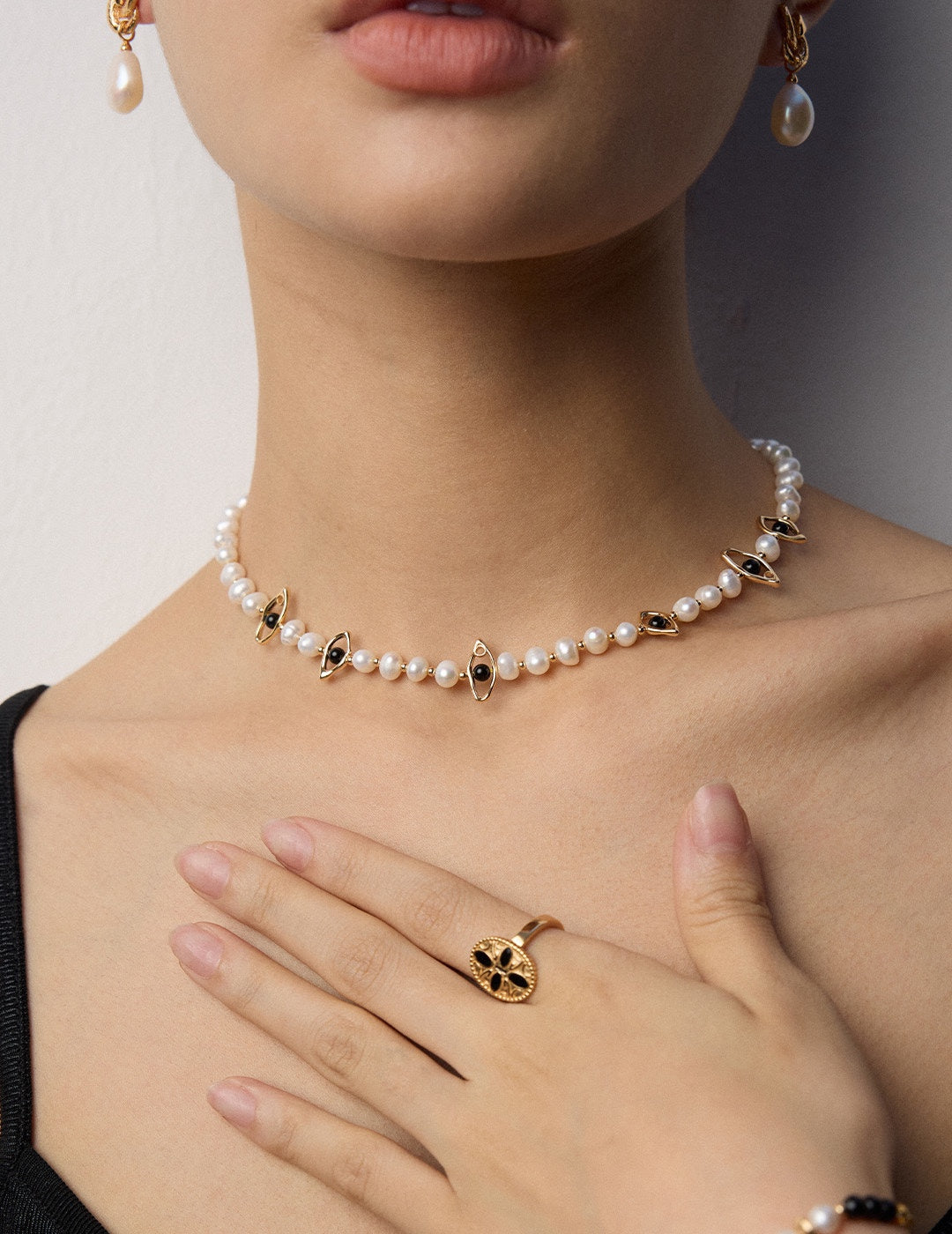 925 Sterling Silver Star Black Agate and Natural Pearl Necklace, product view 13