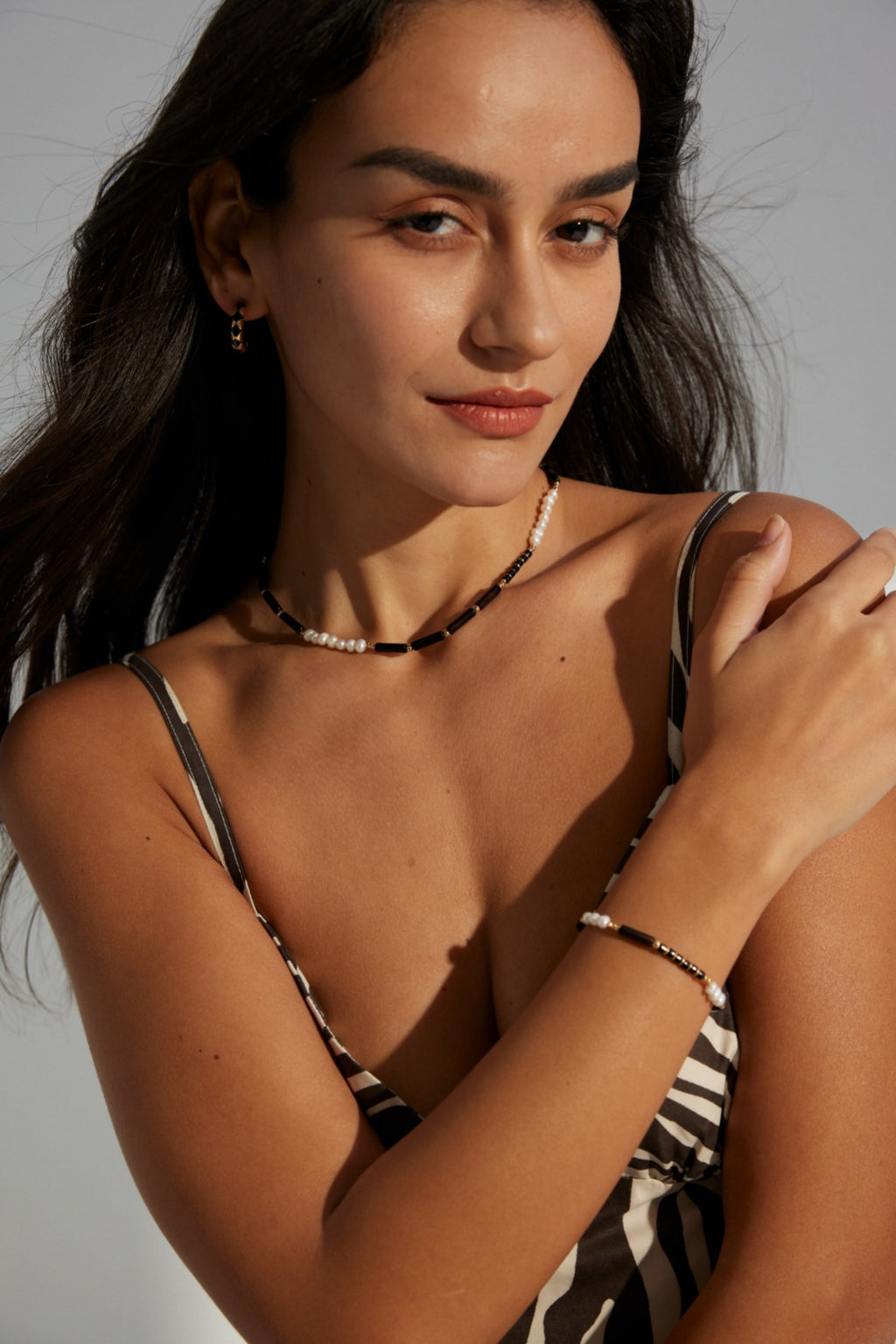 925 Sterling Silver Black Agate and Natural Pearl Necklace, product view 7