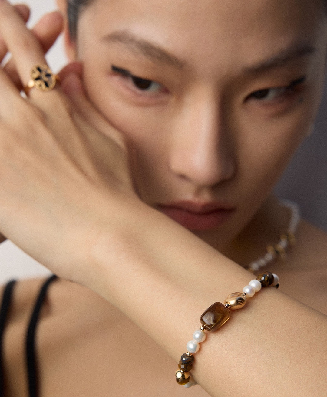 925 Sterling Silver Natural Pearl, Tiger’s Eye and Black Agate Bracelet, product view 11