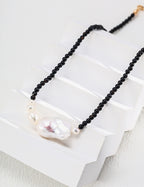 925 Sterling Silver Natural Pearl and Black Agate Necklace, product view 7