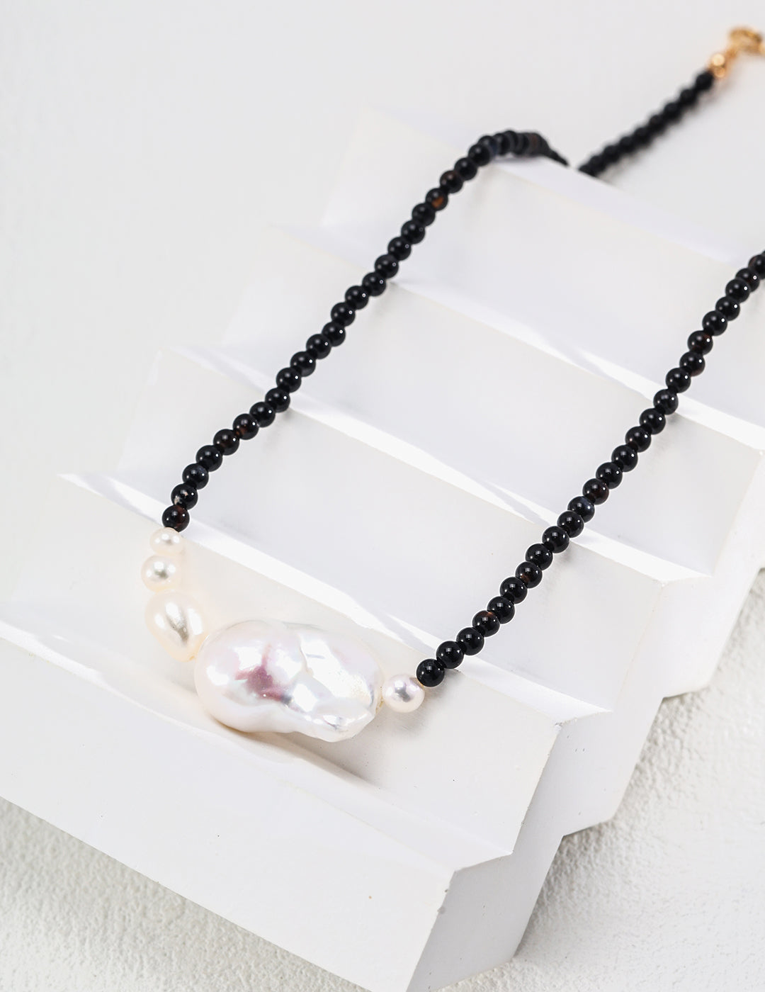 925 Sterling Silver Natural Pearl and Black Agate Necklace, product view 7