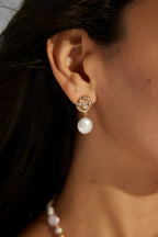 925 Sterling Silver Pearl and Cubic Zirconia Floral Drop Earrings