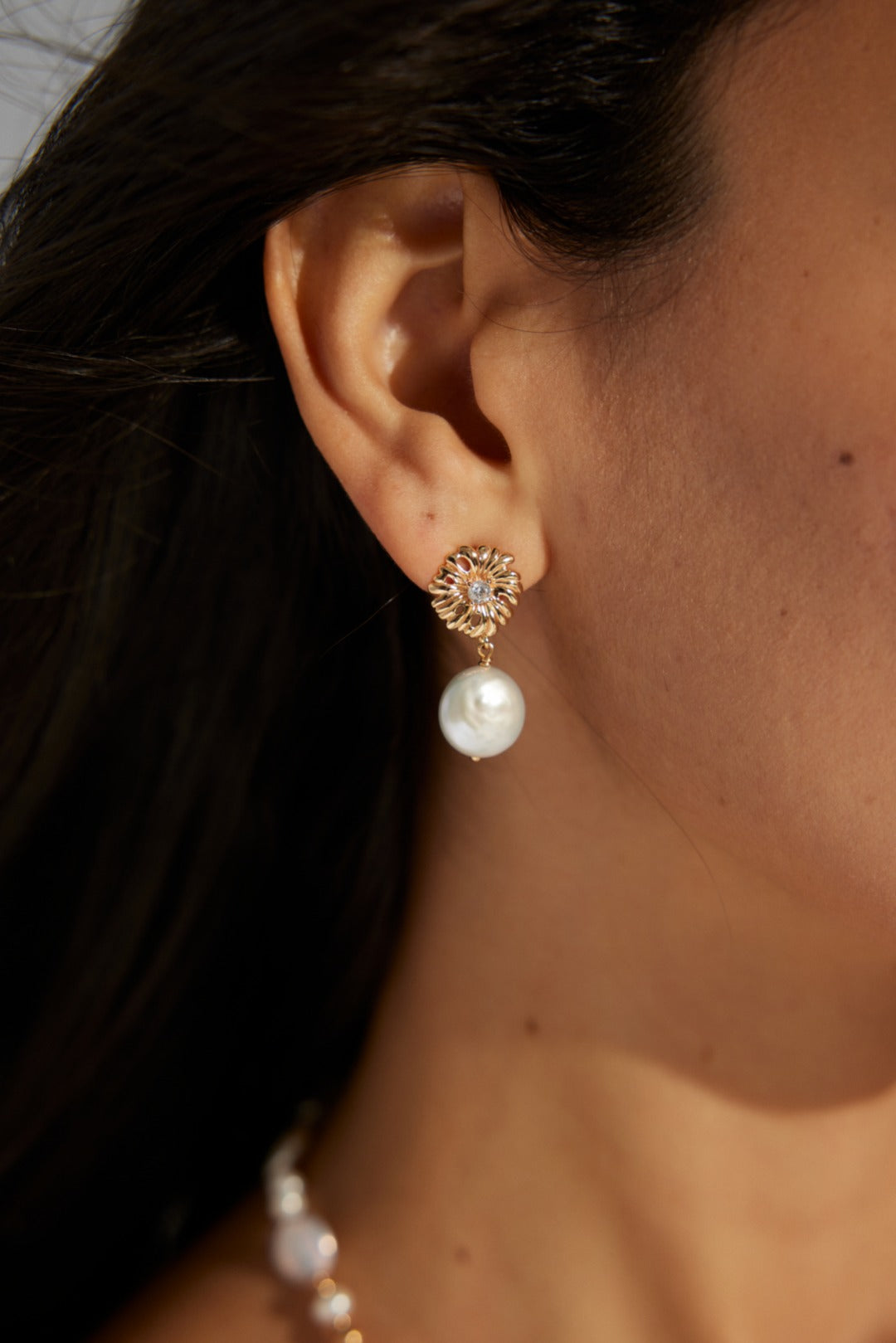 925 Sterling Silver Pearl and Cubic Zirconia Floral Drop Earrings