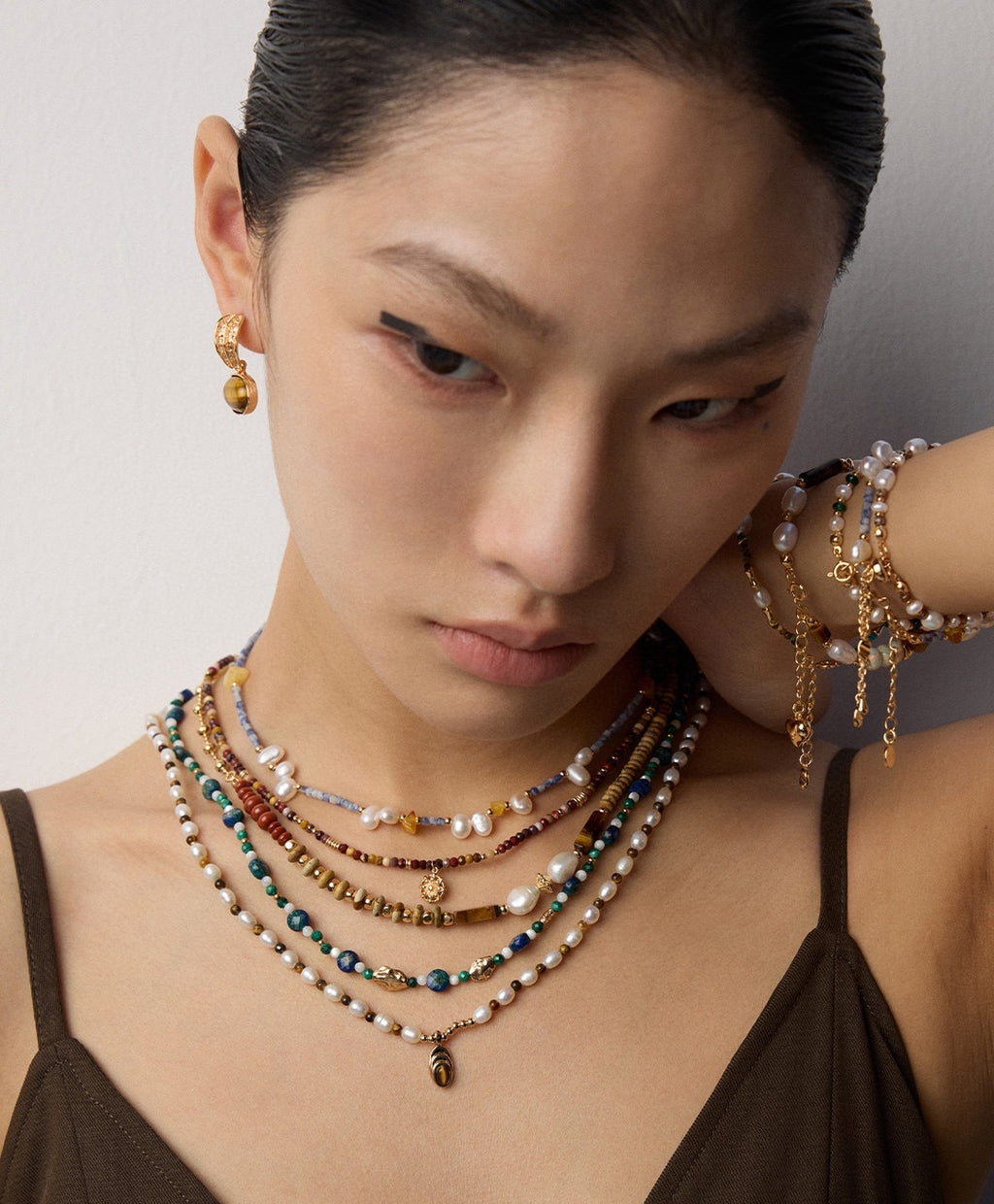 925 Sterling Silver Natural Pearl, Blue Dot Stone and Amber-Toned Bead Necklace, product view 2