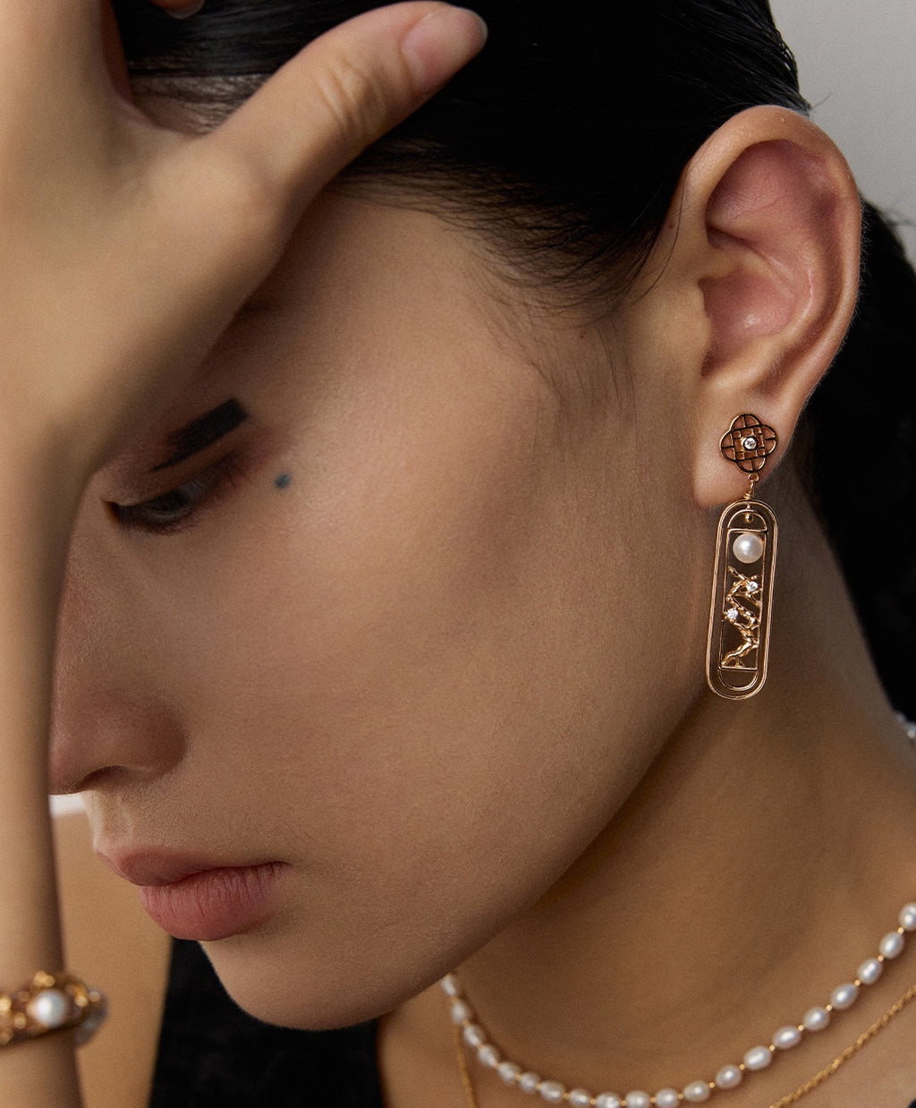 925 Sterling Silver Pearl Window Lattice Drop Earrings in silver and vintage gold natural pearl, product view 4