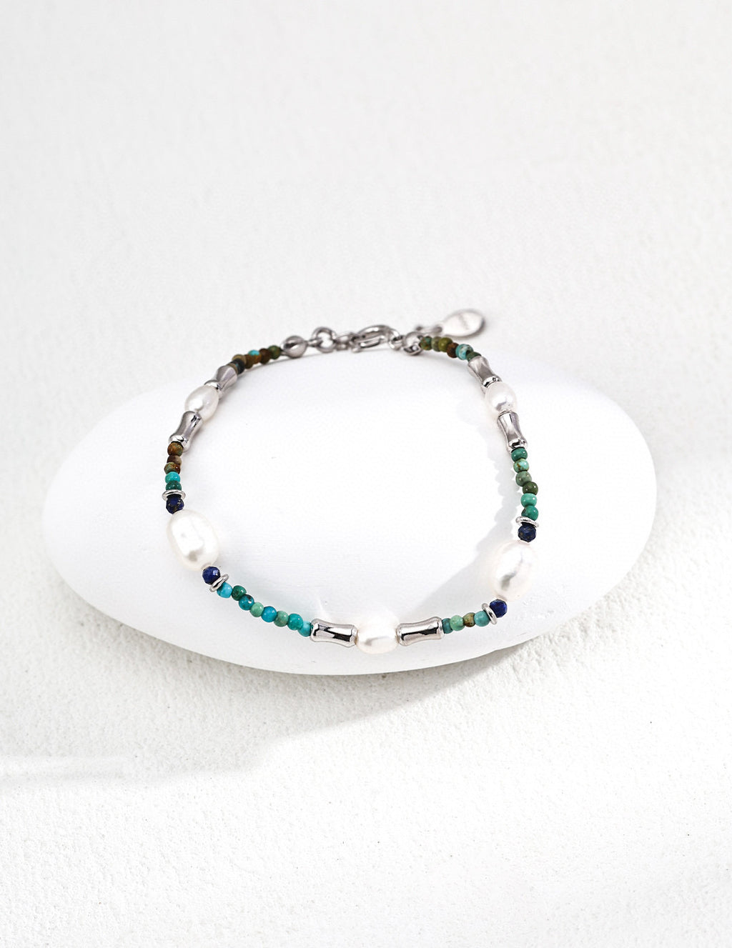 925 Sterling Silver Vintage Lapis Lazuli, Natural Pearl and Turquoise Bracelet, product view 9