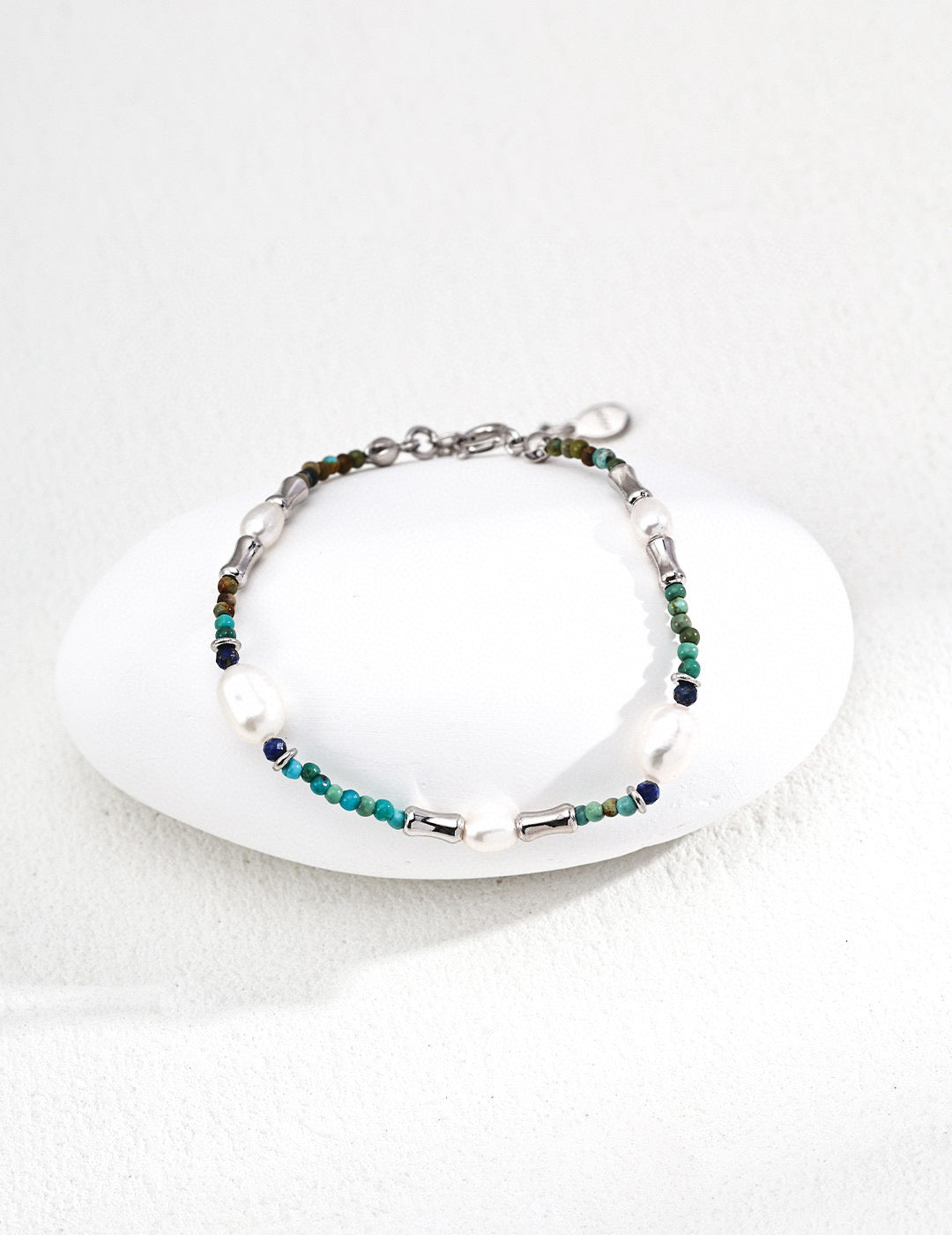 925 Sterling Silver Vintage Pearl, Lapis Lazuli and Turquoise Necklace, product view 10