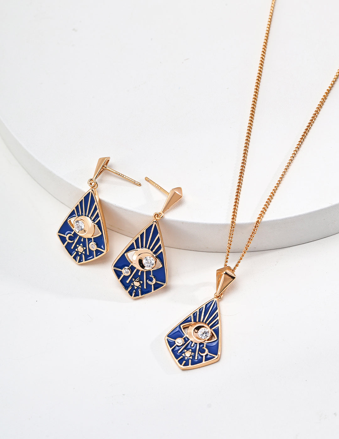 925 Sterling Silver Blue Enamel Cubic Zirconia Earrings in blue enamel and vintage gold, product view 11