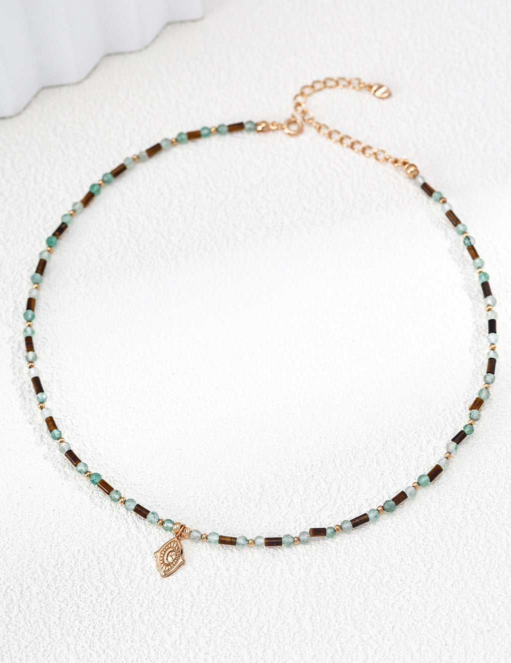 925 Sterling Silver Tiger’s Eye and Green Strawberry Quartz Necklace - Vintage Gold