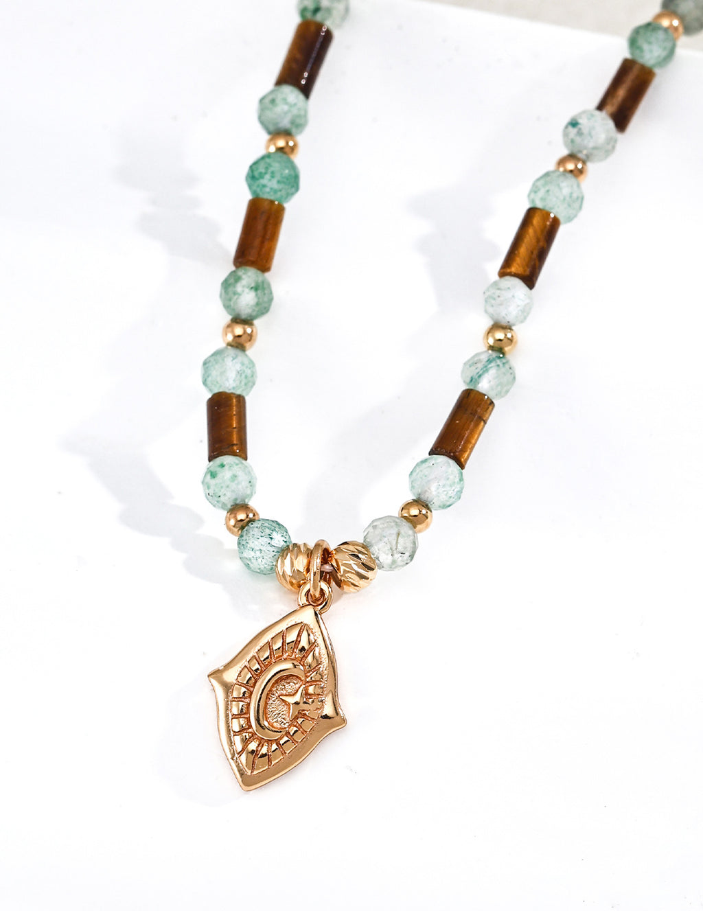 925 Sterling Silver Tiger’s Eye and Green Strawberry Quartz Necklace - Vintage Gold
